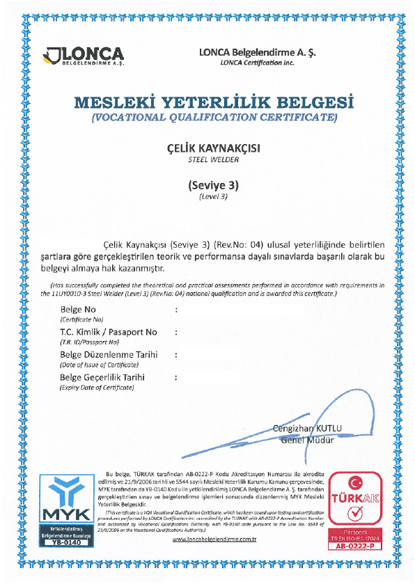 MYK Yetkilendirilmiş Belgelendirme Kuruluşu belgesi
